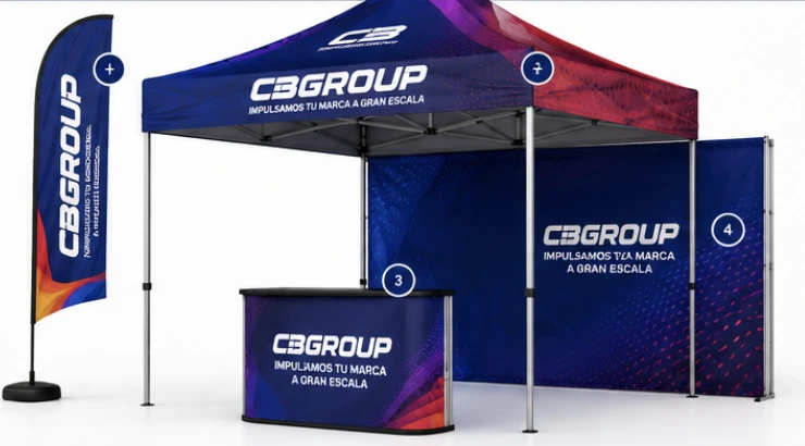 Carpa plegable sublimada CBGROUP con bandera, mesa counter y backing