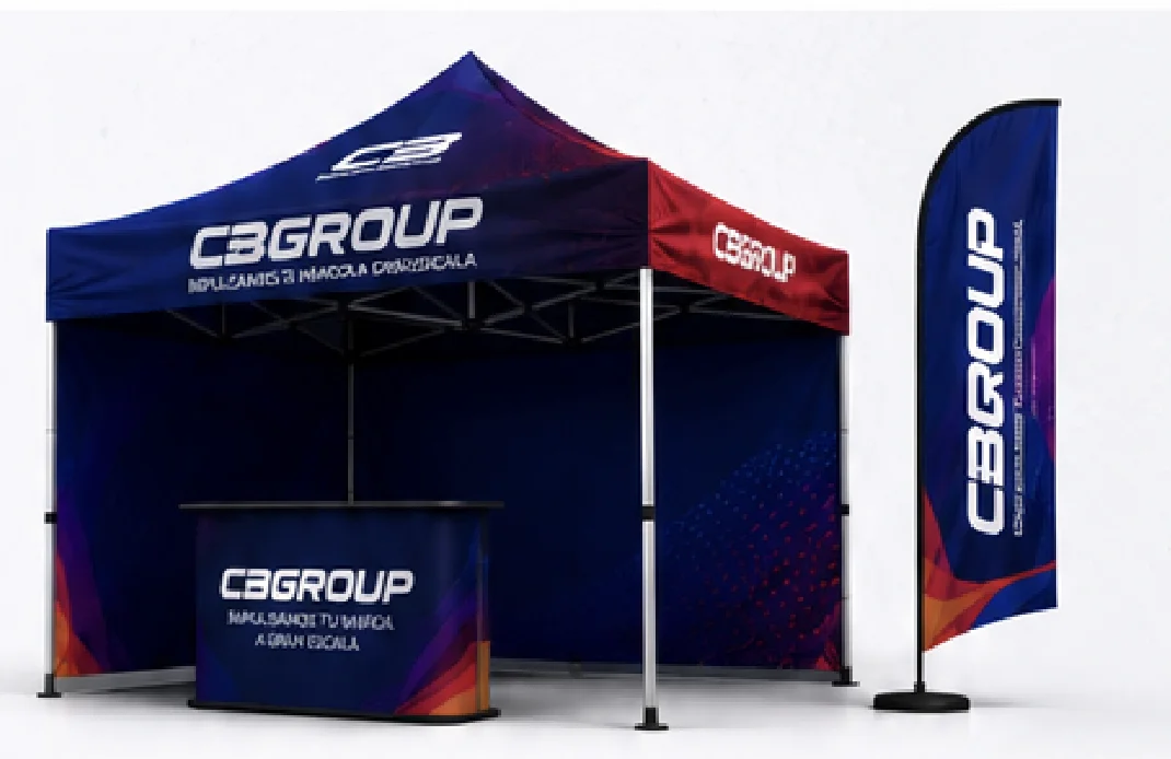 Carpa plegable y bandera publicitaria CBGROUP